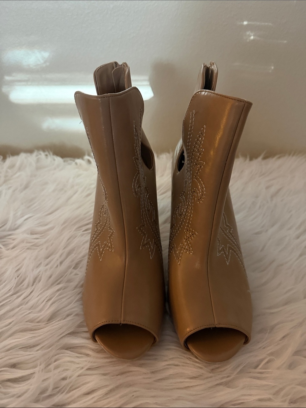 Peep-Toe Western Ankle Booties in Tan